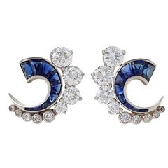French Art Deco Diamond and Sapphire Half Moon Earrings