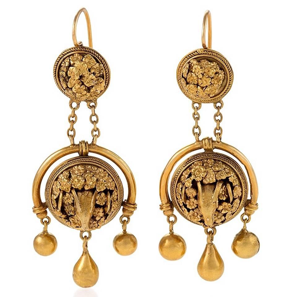 Antique Etruscan Revival Gold Ram's Head Girandole Earrings