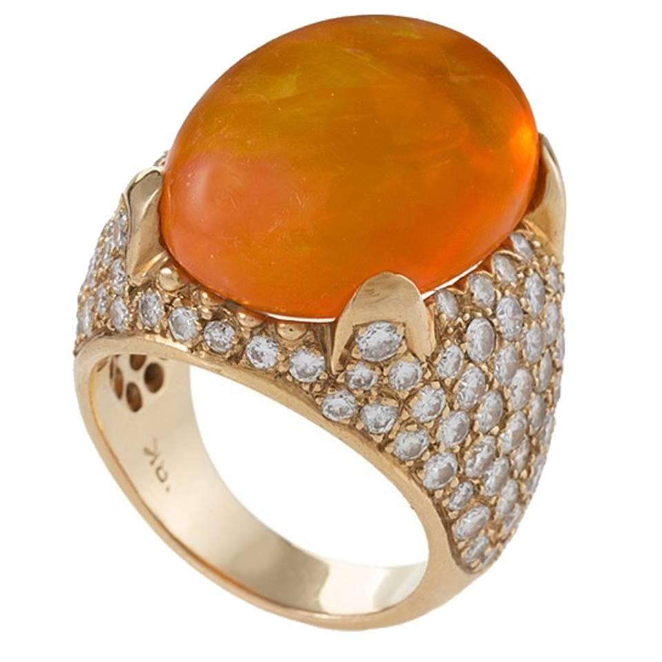 1960's Mexican Fire Opal Diamond  Gold Ring