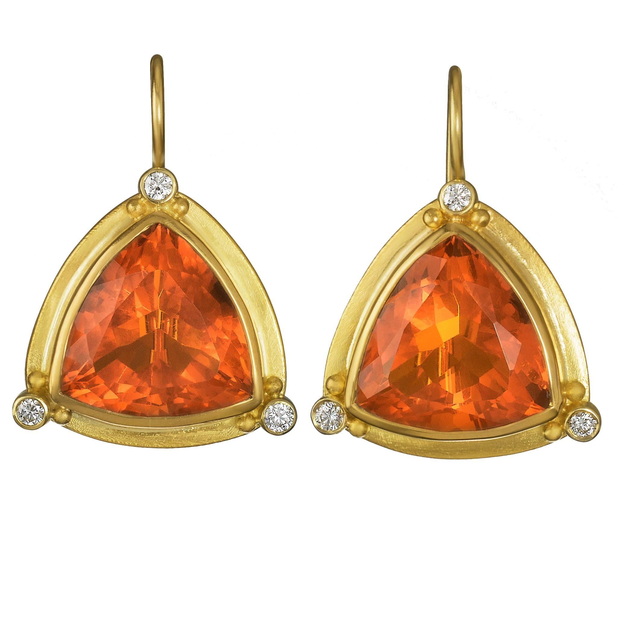Trillion Fire Opal Earrings with white Diamonds For Sale