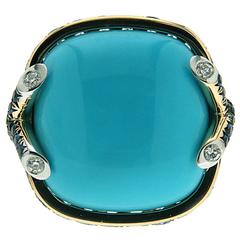 Cushion Cabochon Turquoise and Sapphires Ring 3