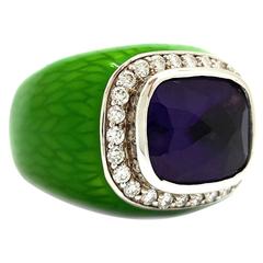 Custom 14k White Gold, Amethyst, Diamond 
Green Enamel Ring