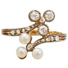 1880s English Pearl Diamond Silver Gold Double Trefoil Ring 7