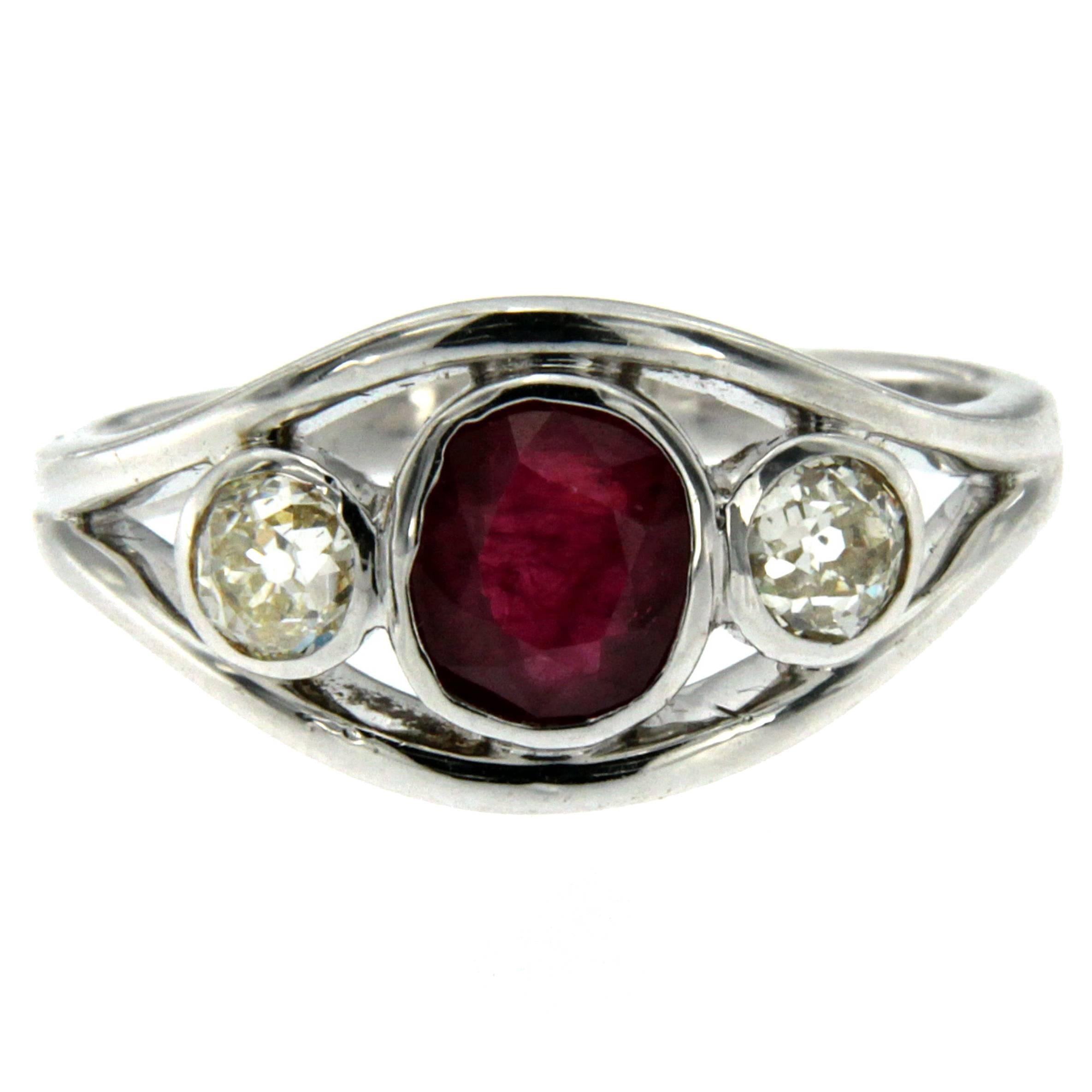 Art Deco Ruby Diamond Three Stone Gold Ring