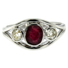 Art Deco Ruby Diamond Three Stone Gold Ring