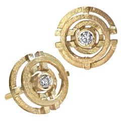 Handmade Three Dimensional Reflective Gold White Diamond Stack Stud Earrings 