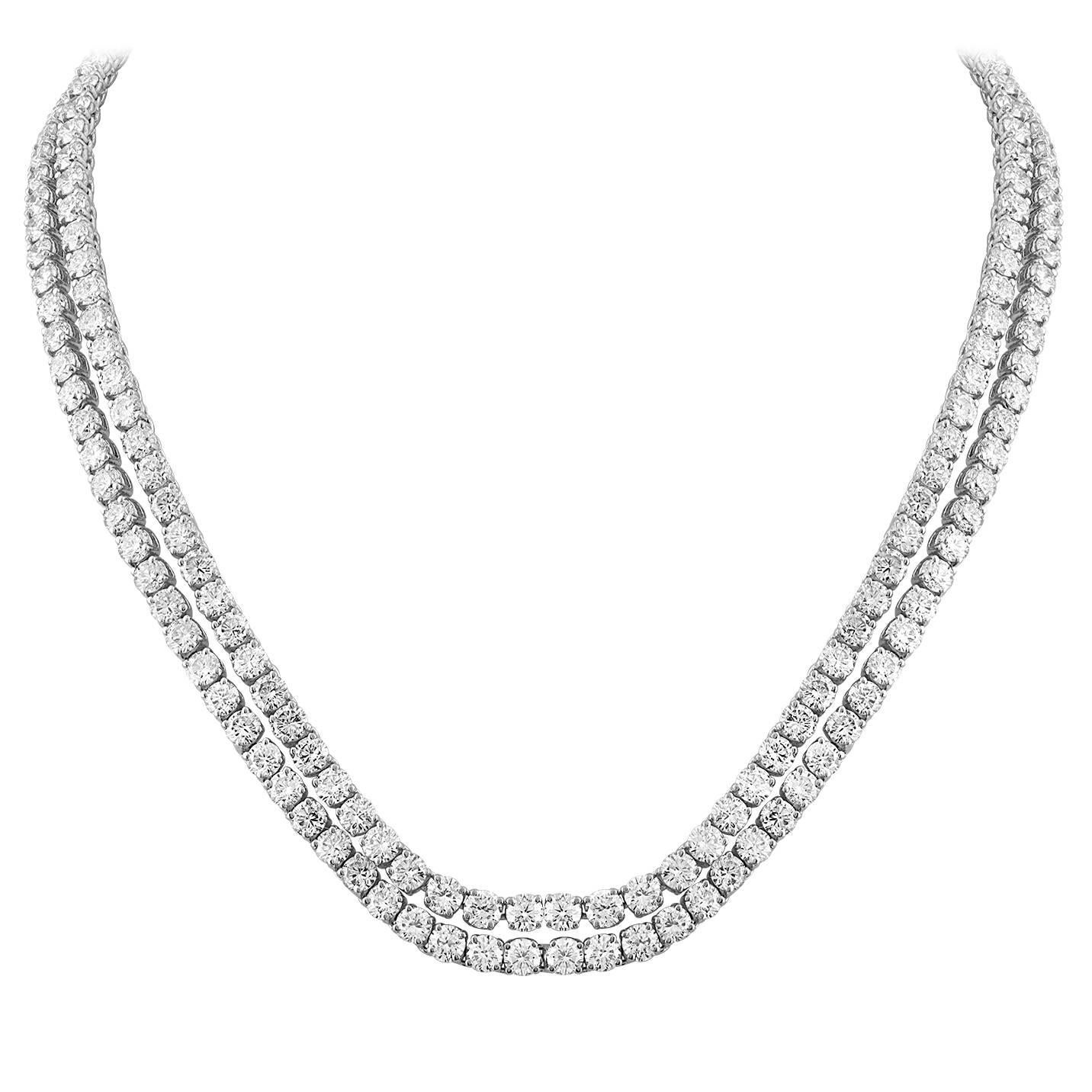 Two Platinum Tennis Necklaces With 50 Carats of Diamonds could be worn as one.