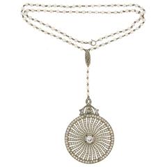 Edwardian Diamond Seed Pearl Platinum Pendant Necklace