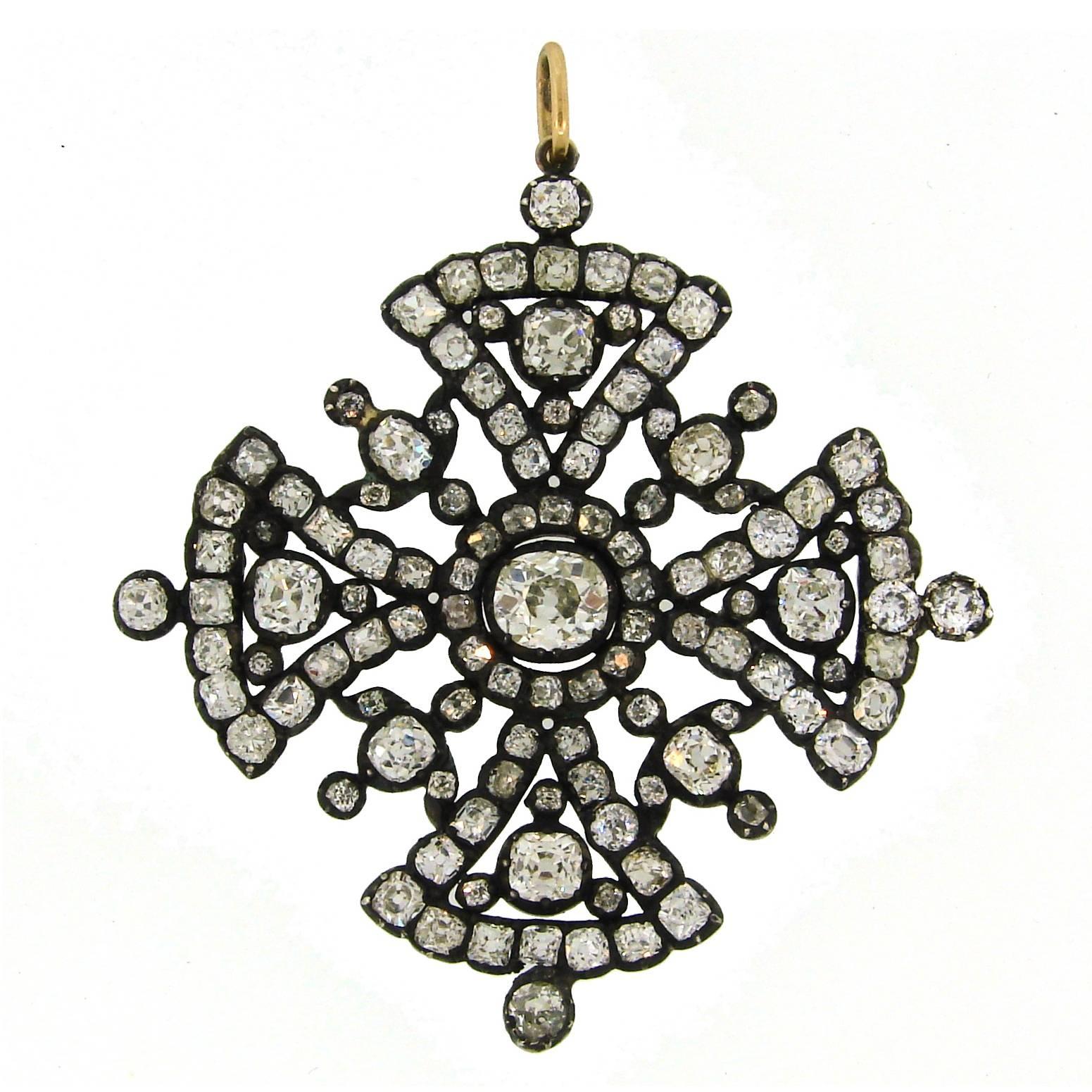 Georgian Diamond Silver Gold Maltese Cross Pendant