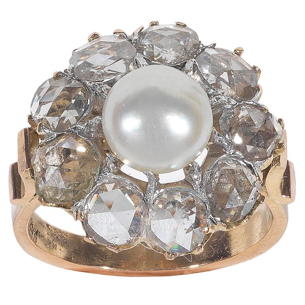 Viktorianischer Perlen-Diamant-Cluster-Ring im Angebot