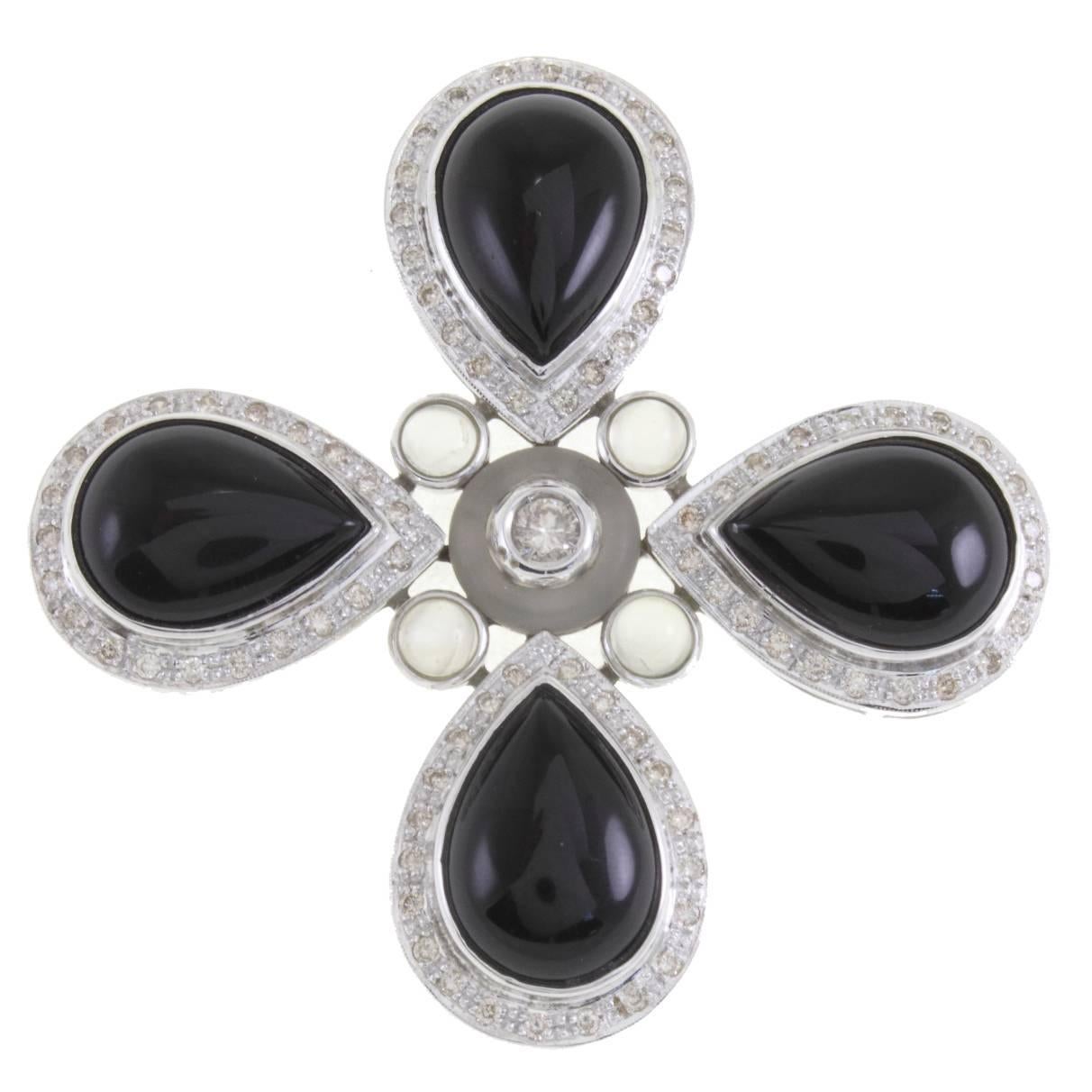 Onyx, Rock Crystal, Diamonds, 14 Karat White Gold Pendant. For Sale