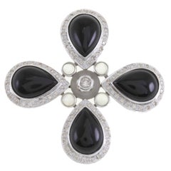 Vintage Onyx, Rock Crystal, Diamonds, 14 Karat White Gold Pendant.