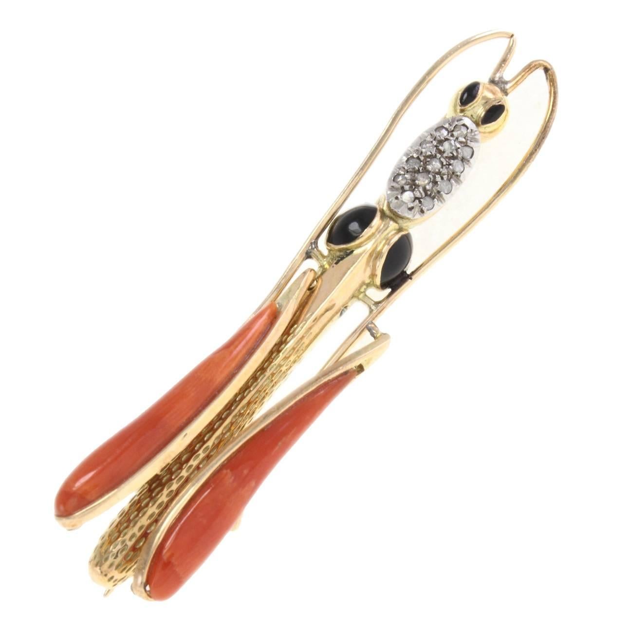 Luise Coral Diamond Onyz Cicada Brooch