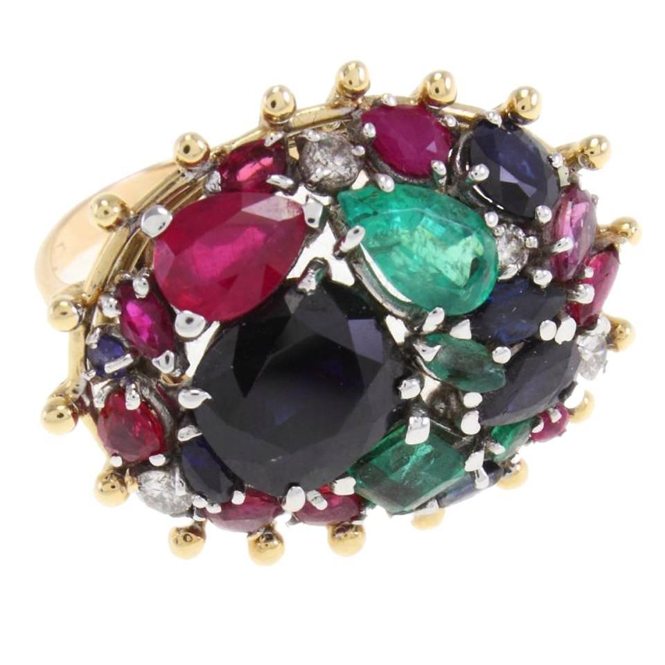 Sapphires, Emeralds and Rubies and Diamond Gold Ring