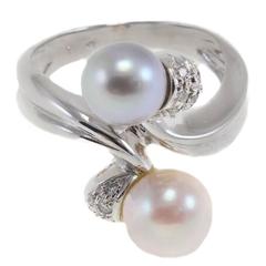 Retro Luise Diamond & Double Pearl White Gold Ring