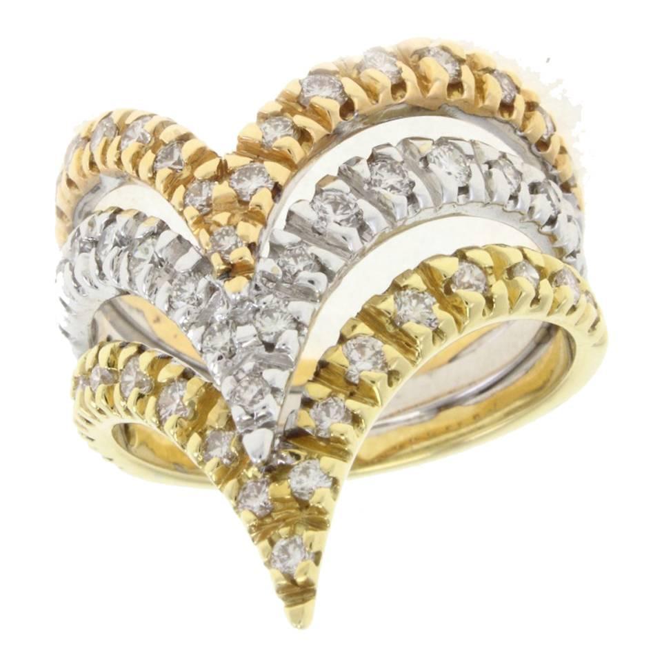 Three Gold and Diamond 18 kt Gold Ring For Sale