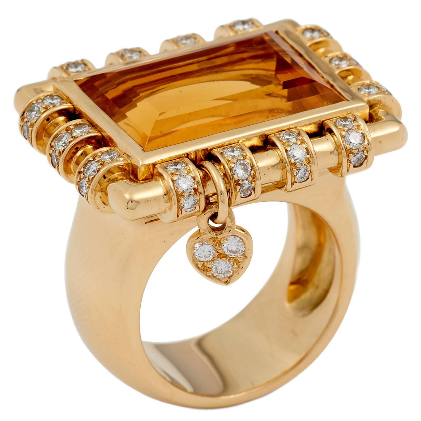 Large Rectangular Citrine Diamond Gold Ring