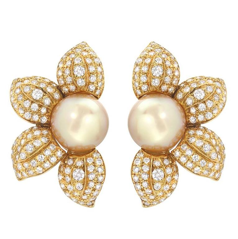 Golden South Sea Pearl Diamond Gold Flower Earrings For At 1stdibs Golden South Sea Pearl Diamond Gold Flower Earrings For