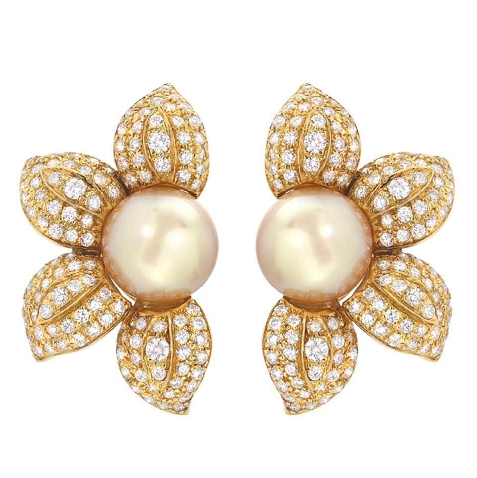 Estate Golden South Sea Pearl Diamond Sunflower Earrings at 1stDibs