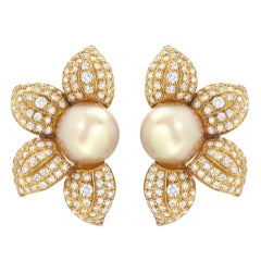 Estate Golden South Sea Pearl Diamond Sunflower Earrings