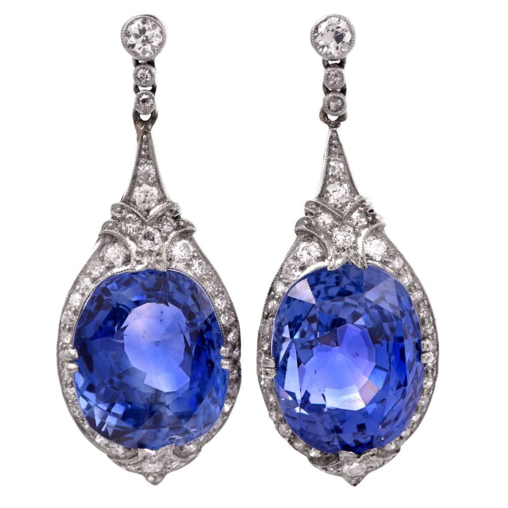 GIA Ceylon Sapphire No Heat Diamond Drop Platinum Earrings