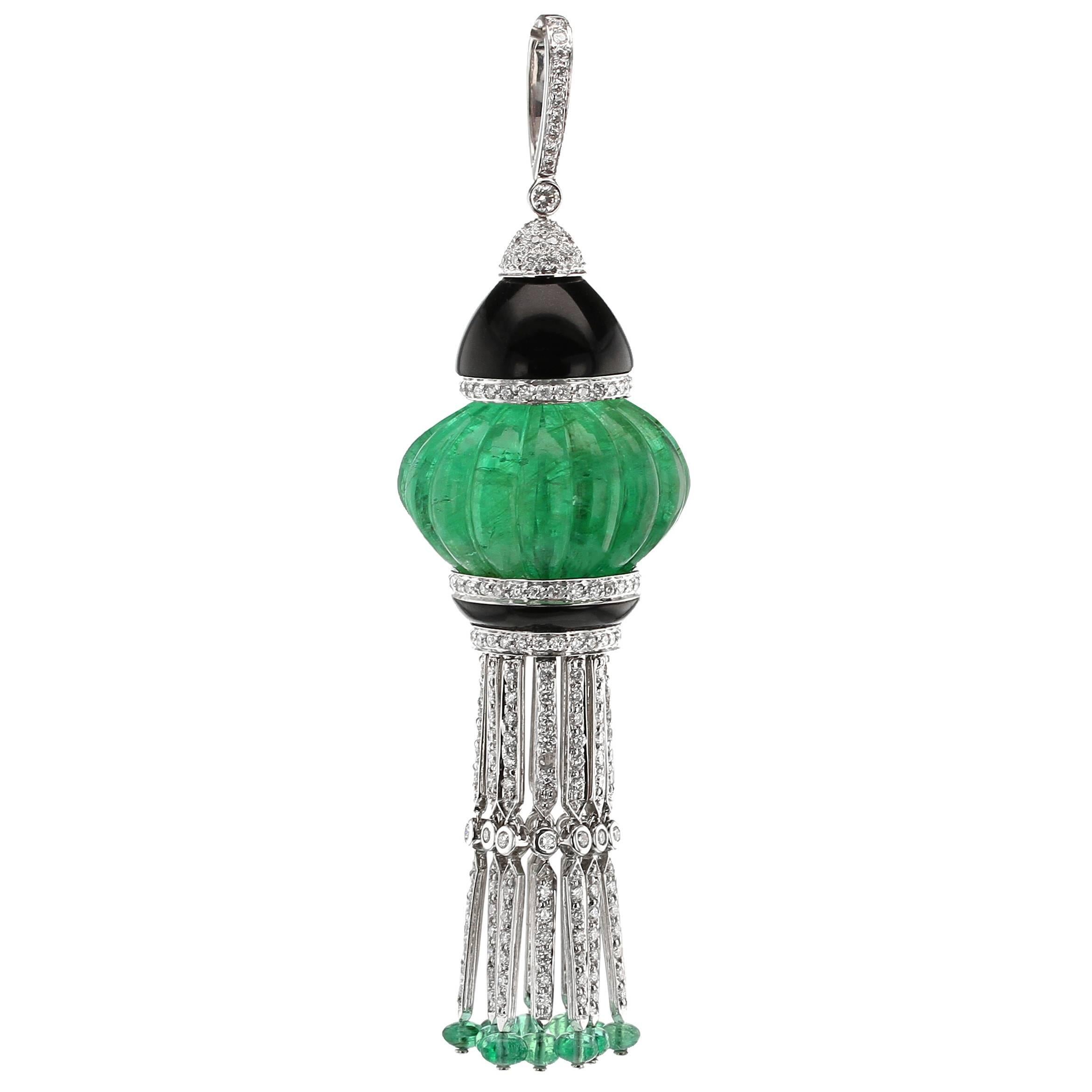 Carved Melon Emerald Onyx Diamond Tassel Pendant