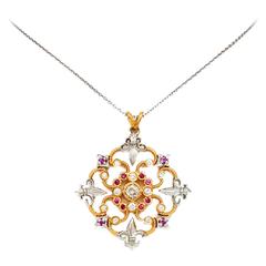 Two Tone 14k Gold Diamond & Ruby Filigree Fleur de Lis Pendant Necklace