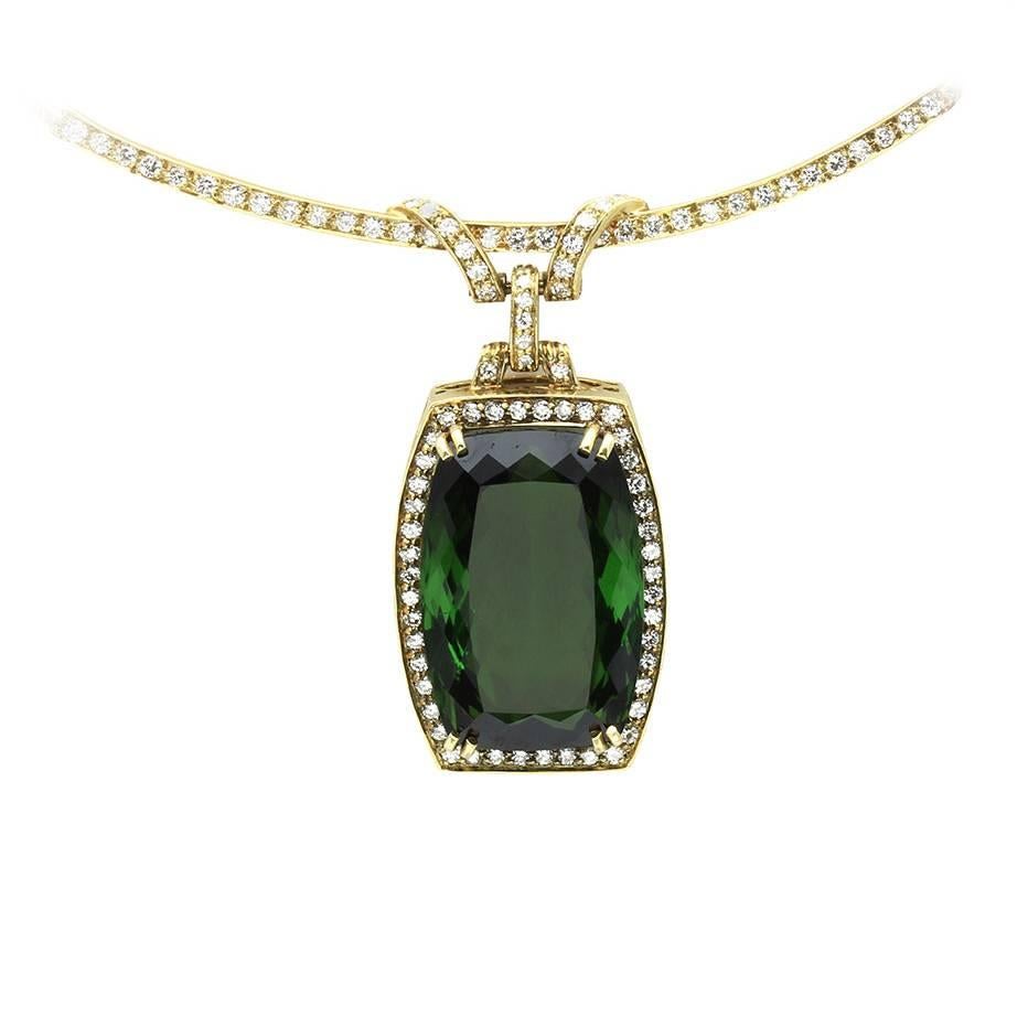 Green Tourmaline and Pavé Diamond Necklace For Sale