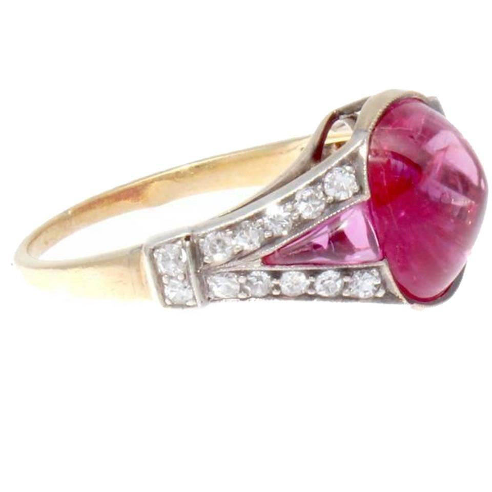 Art Deco Natural 5 Carat Burma No Heat Ruby Diamond Gold Ring