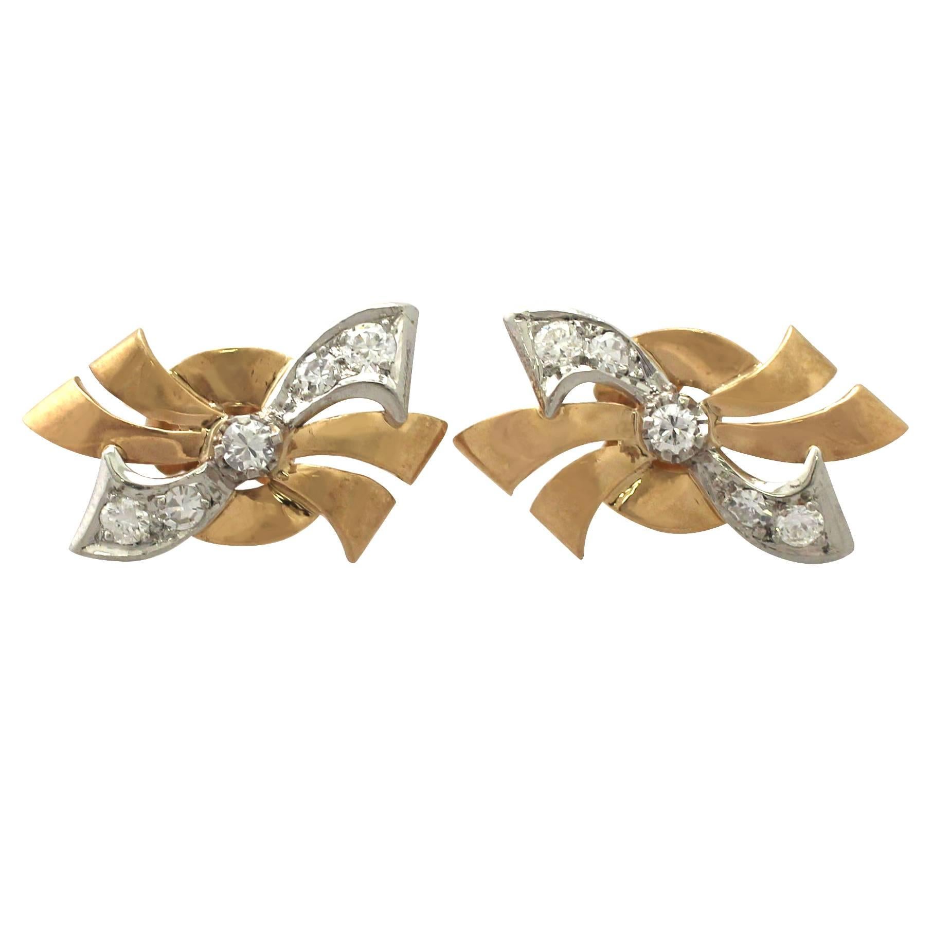 French Circa 1940 0.30 Ct Diamond and 18 k Yellow Gold 'Bow' Stud Earrings 
