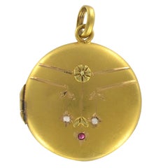 Antique 1900s Satin Gold Ruby and Fine pearl Medallion Locket Pendant