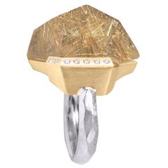 Faceted Rutilated Quartz White Diamond Gold Palladium Handmade Facets Ring