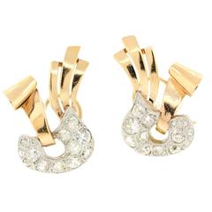 1940s Retro Diamond  Rose Gold and Platinum Earrings