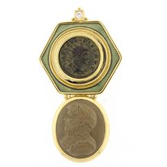 Elizabeth Gage Lava Stone and Ancient Coin Brooch