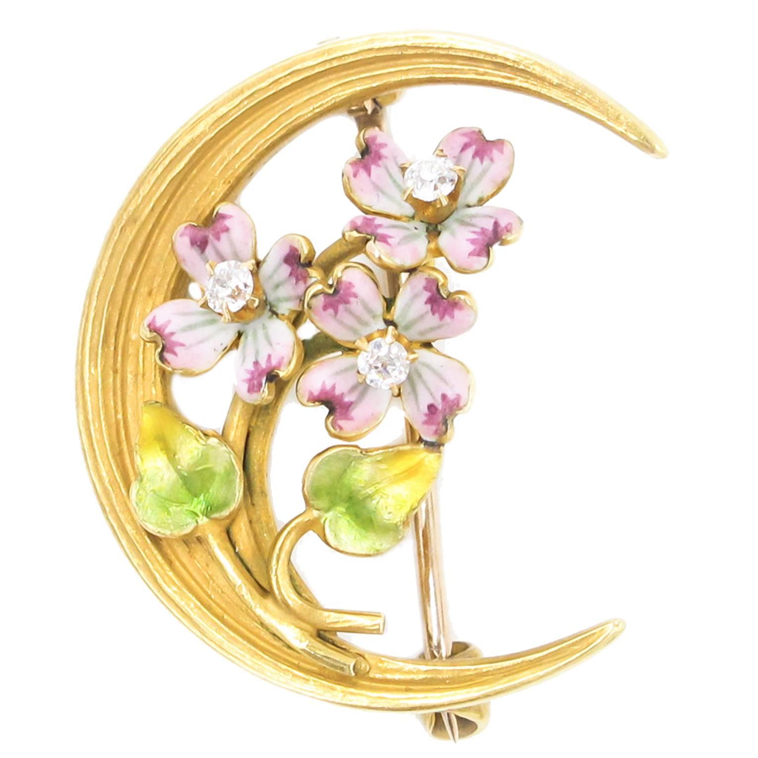 Art Nouveau Enamel Diamond Gold Crescent Brooch For Sale
