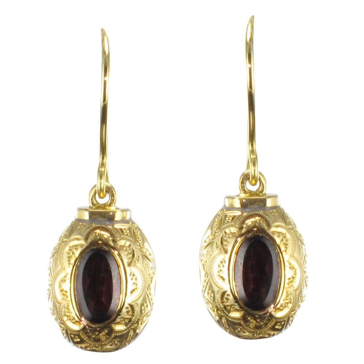 French 1900s Gold and Garnet Dangle Earrings 
