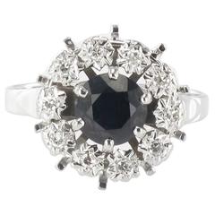 Vintage French 1960s White Gold Diamond Sapphire Cluster Ring