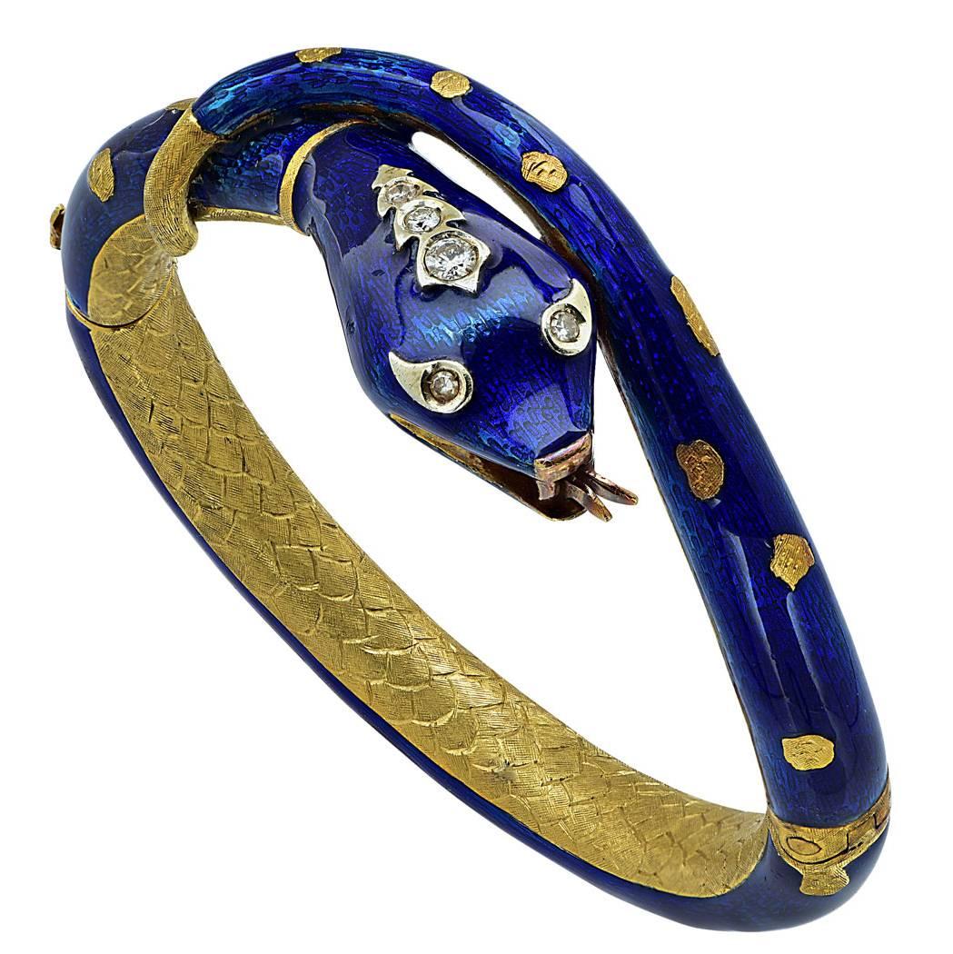  Diamond Enamel 18 Karat Yellow Gold Snake Bangle Bracelet