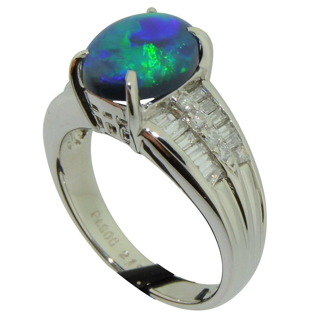 Australian Black Opal, Diamond and Platinum Ring