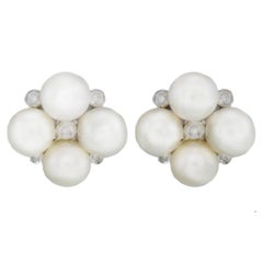 Vintage 10.12 g White Pearls, 0.18 ct Diamonds White Gold Earrings