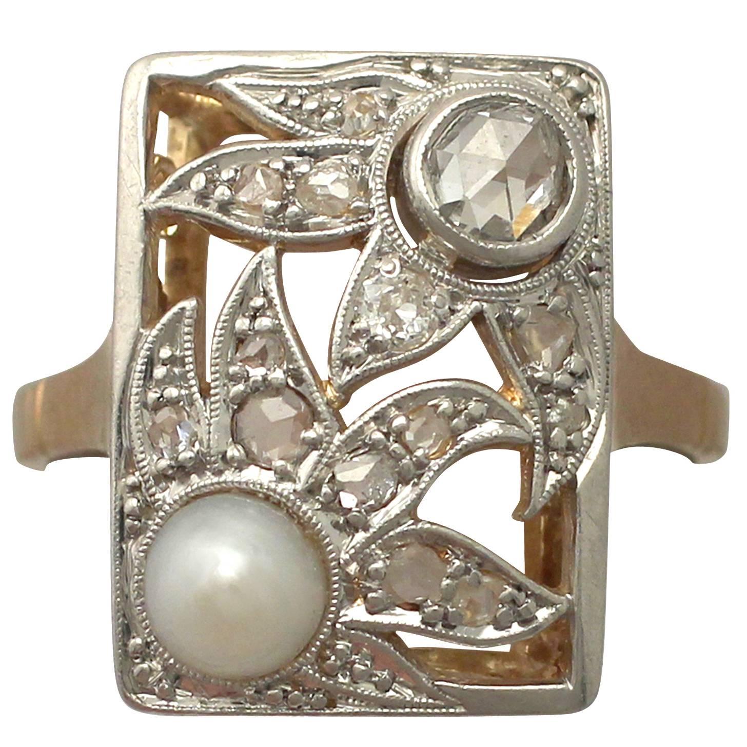 1920s Antique German Natural Pearl and 0.37 Carat Diamond, Yellow Gold Ring