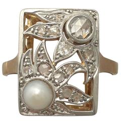 1920s Antique German Natural Pearl and 0.37 Carat Diamond, Yellow Gold Ring
