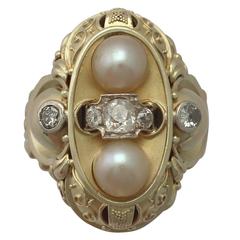 1950s German Pearl and Diamond Yellow Gold Cocktail Ring 12