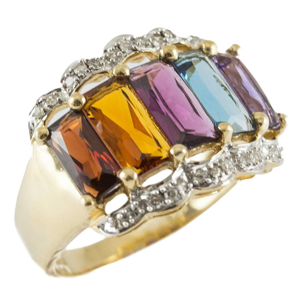 Multi Gemstone and Diamond Band Ring For Sale
