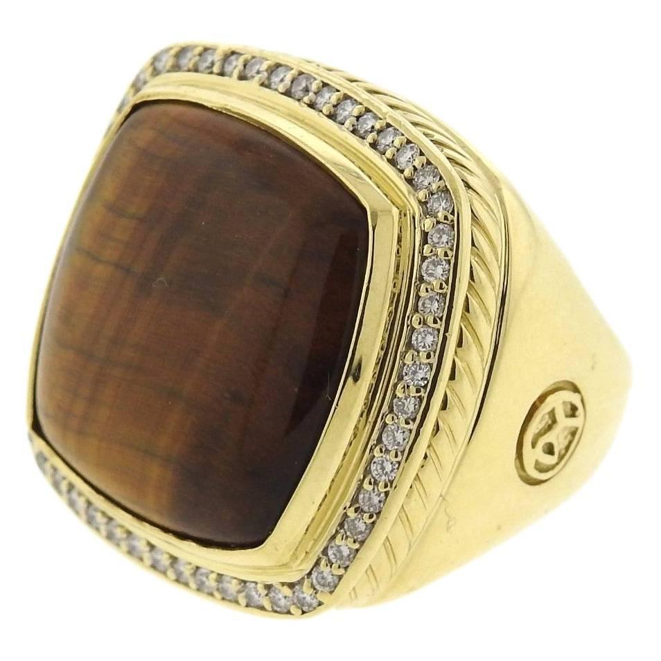 Large David Yurman Albion Gold Diamond Tiger Eye Ring