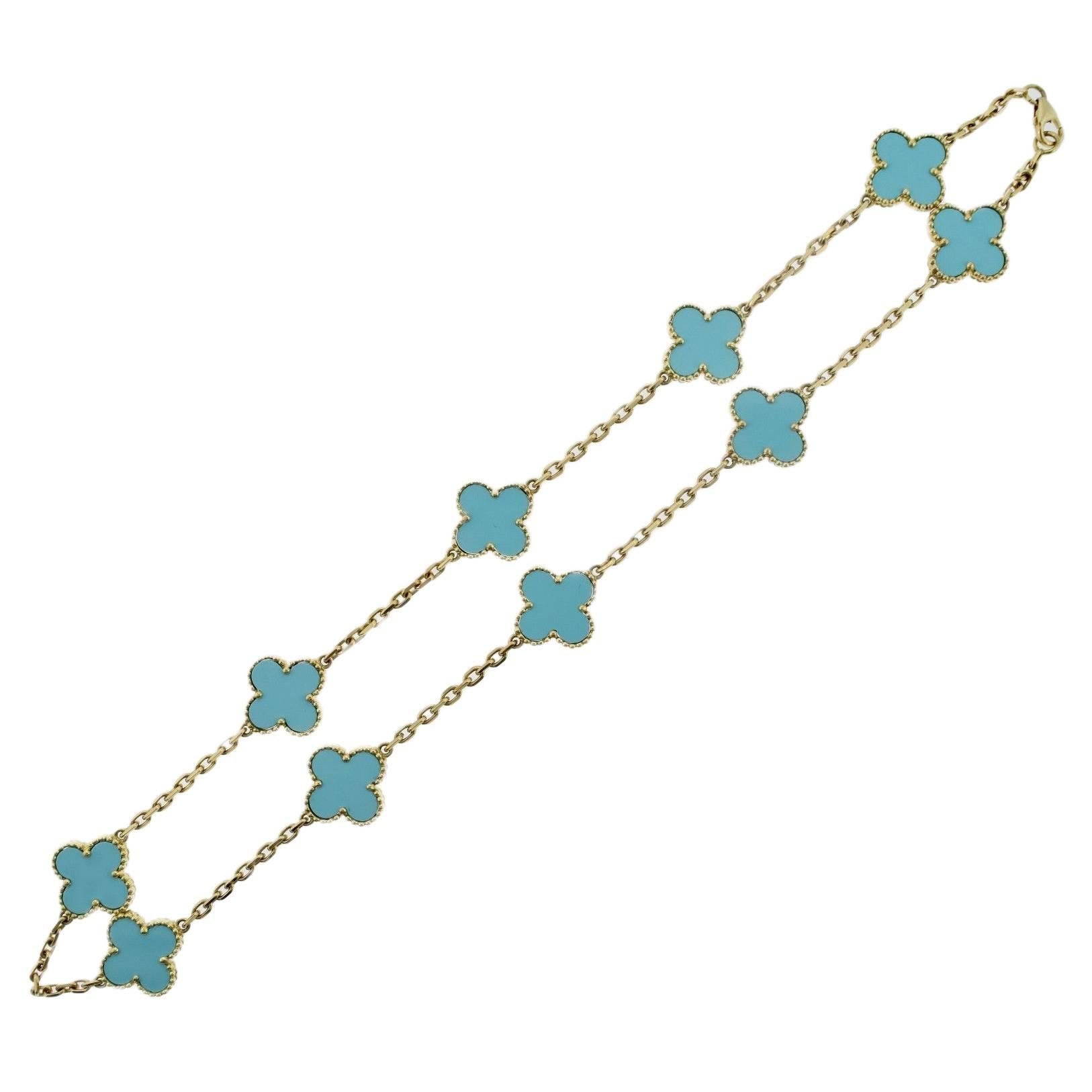 Van Cleef & Arpels Turquoise Alhambra 10 Motif Necklace For Sale