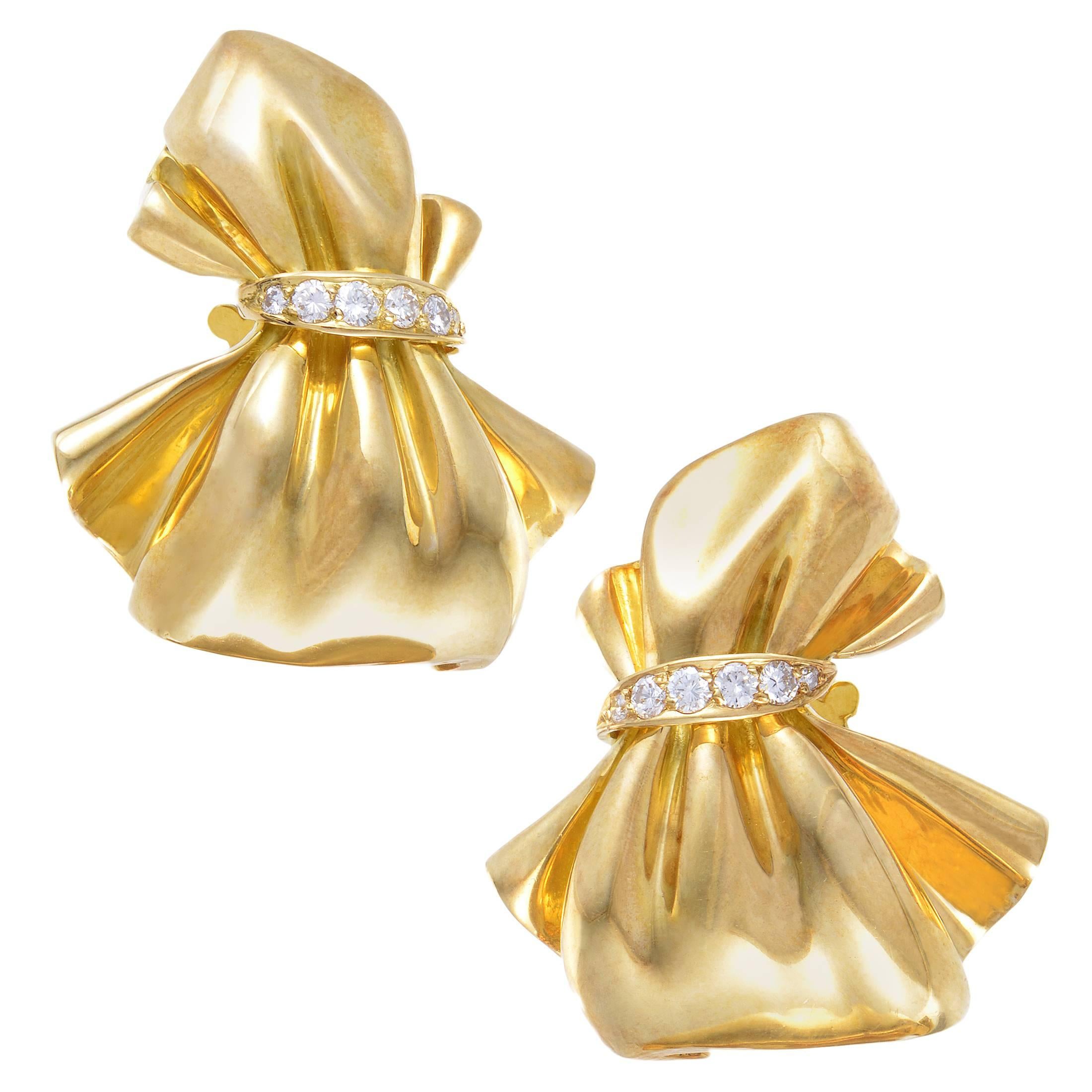 Van Cleef & Arpels Yellow Gold Diamond Bow Earrings
