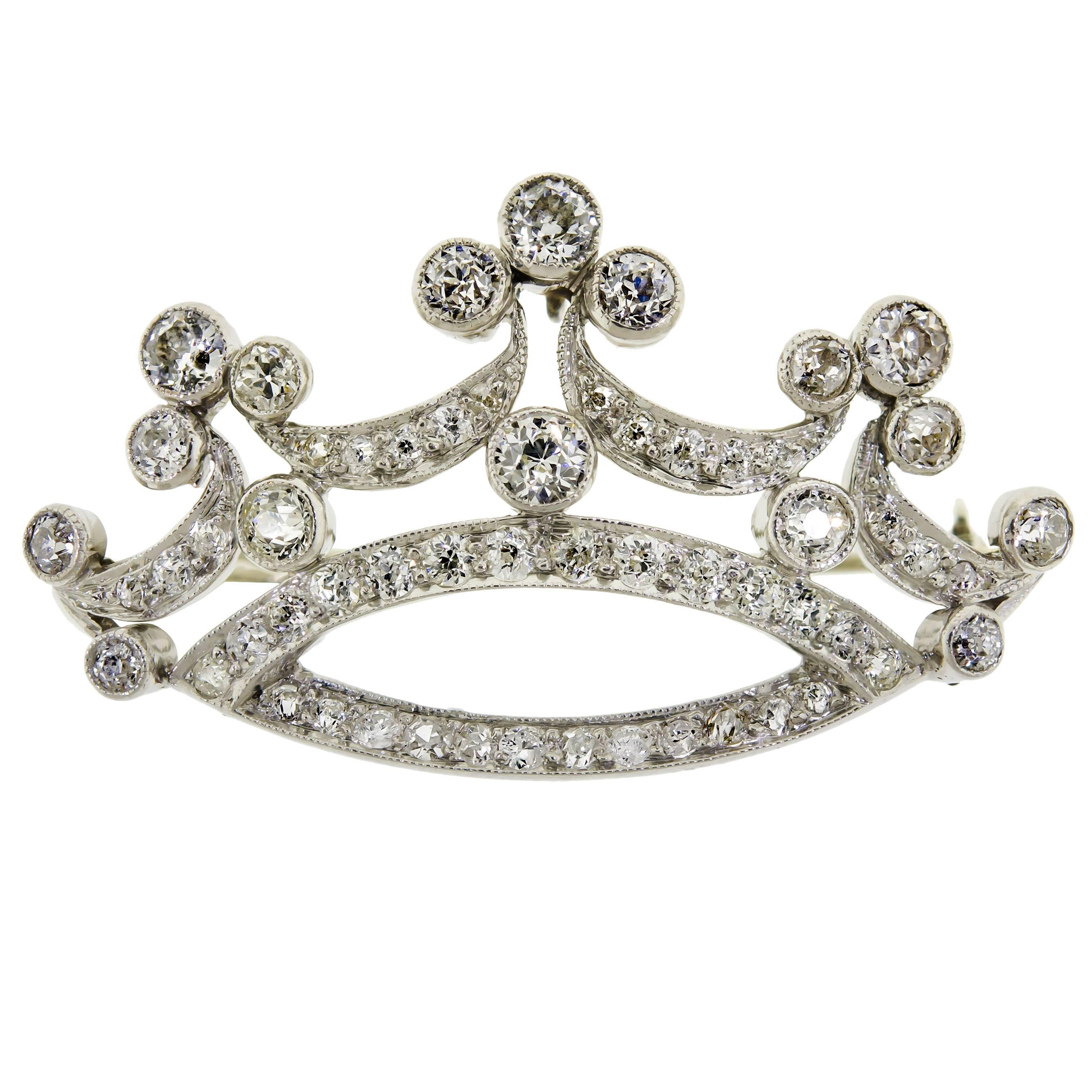 Lovely Antique Edwardian Diamond and Platinum Crown Brooch For Sale
