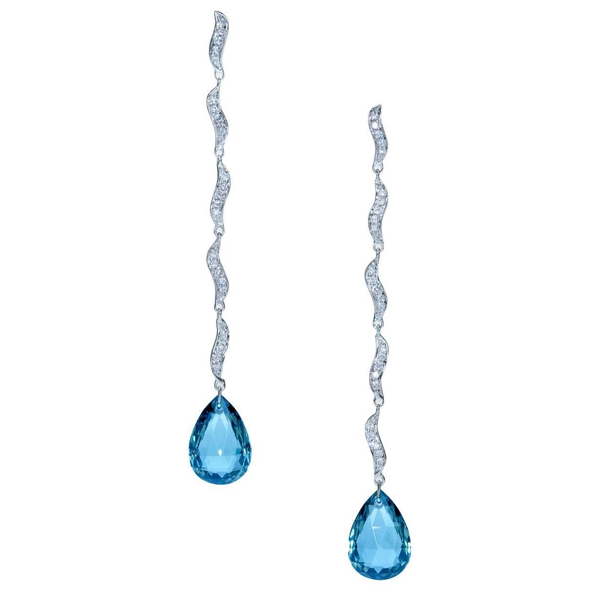  Fine Briolette Aquamarine Diamond Drop Earrings 