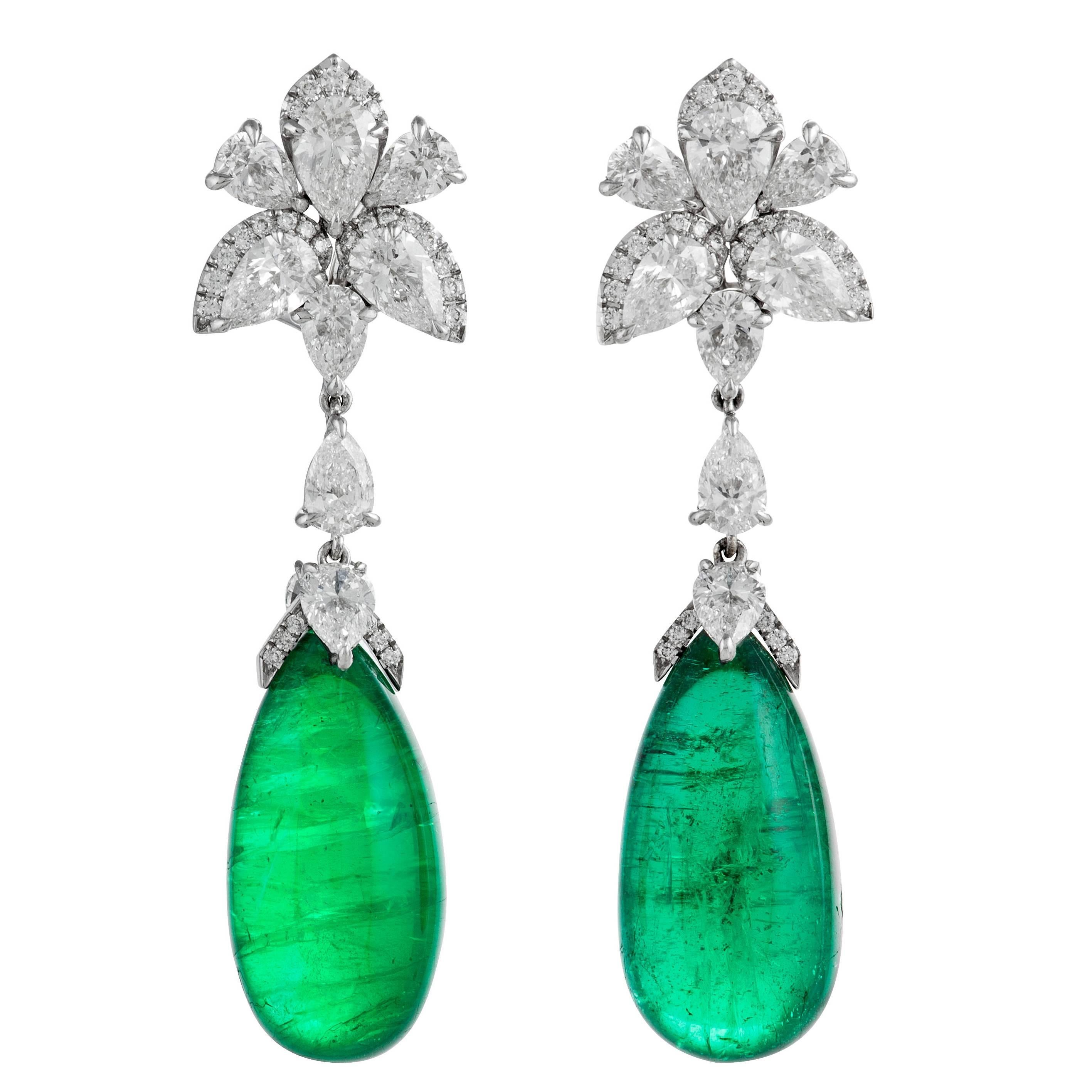 25.21 Carats Oval Cabochon Emeralds Diamonds Gold Earrings